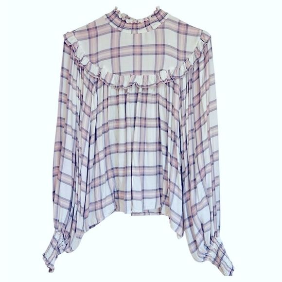 Free People Charlie Ruffle Plaid Mockneck Blouse - Picture 3 of 7